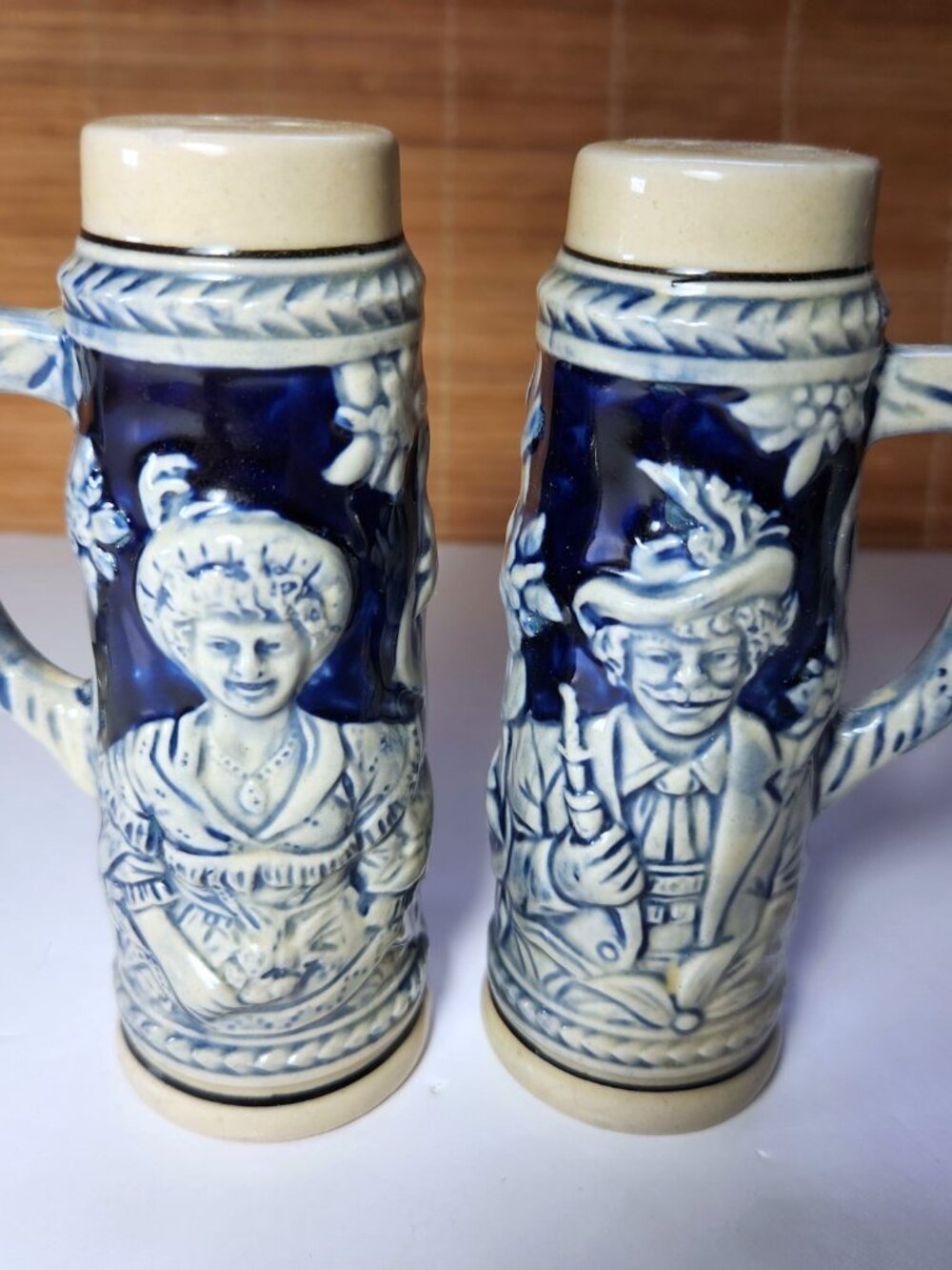 Vintage Japan Stein Style Salt & Pepper Shakers Blue White Raised Relief 5" Set